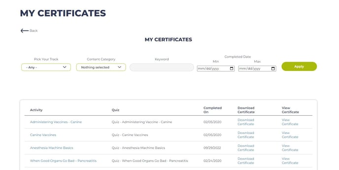 My Certificates - Screenshot new site